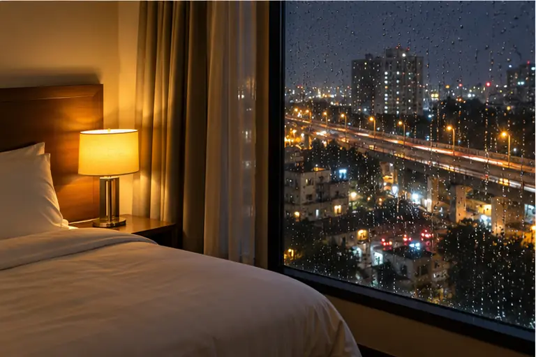 Picture of a hotel room window with rain on the glass at night